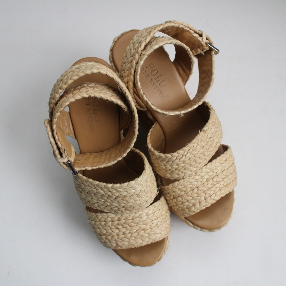 POLO Ralph Lauren Tan Woven Raffia Wicker Wedge Sandal Heels Spain Size 39.5 / 9 - Picture 5 of 8